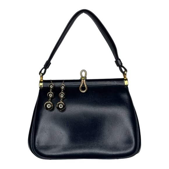 Vintag Leather Handbag Goldtone Hardware Clamshell Closure Navy Blue - Picture 7 of 8